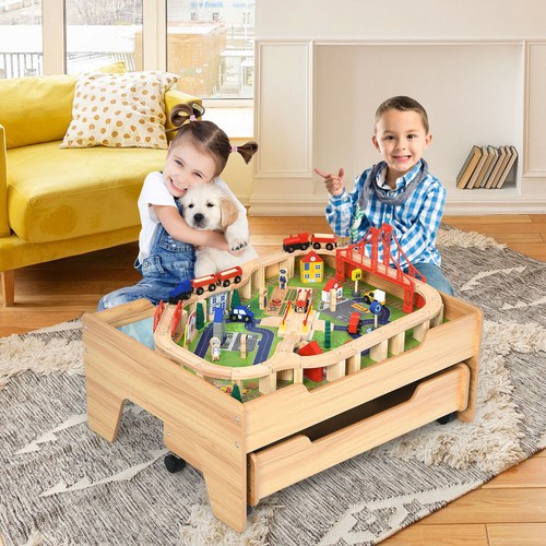Wooden train track table with - train,